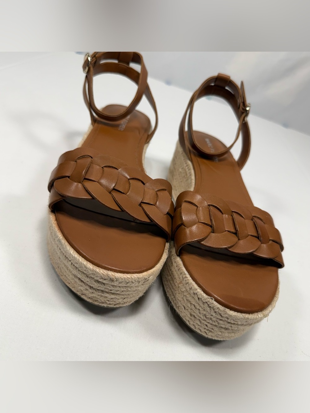 Marc Fisher Jinky Tan Leather Braided Espadrille Wedge Sandal Size 10 10M